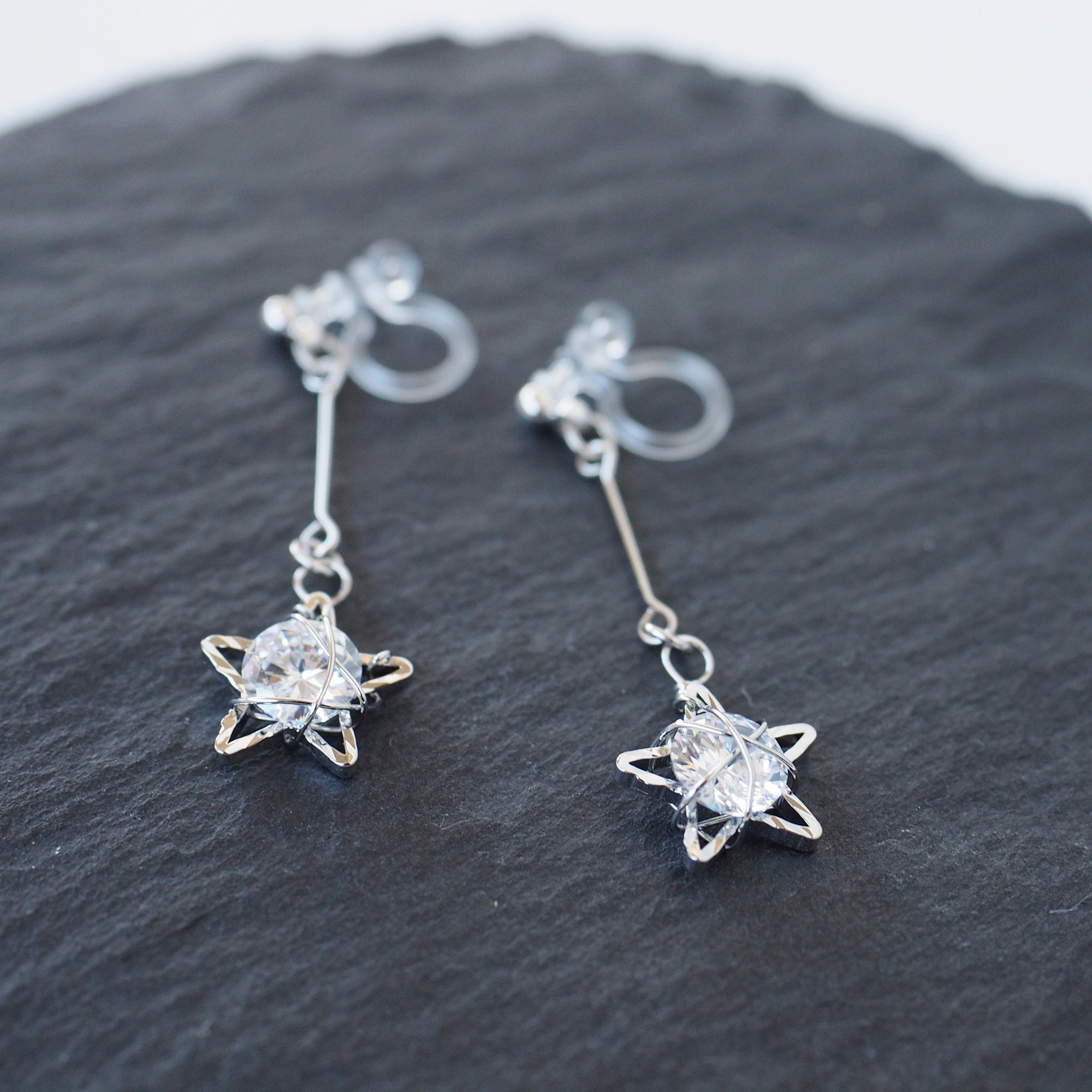 Dangle Silver Star & CZ Crystal Invisible Clip On Earrings