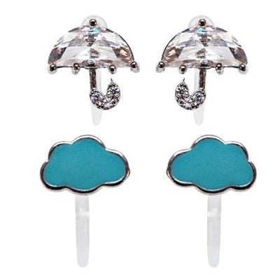 Crystal Umbrella and Green Could Invisible Clip On Stud Earrings ( 2 Piars Set)