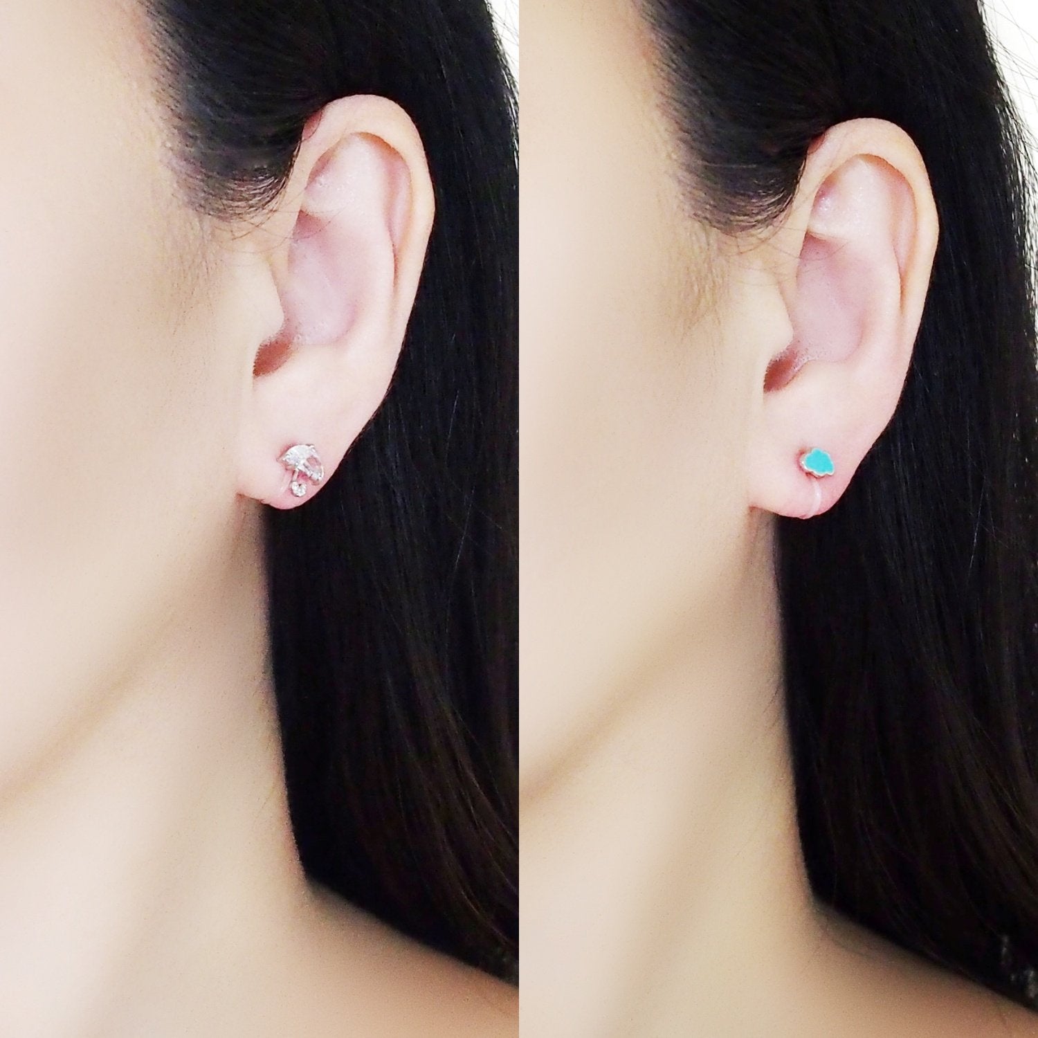 Crystal Umbrella and Green Could Invisible Clip On Stud Earrings ( 2 Piars Set)
