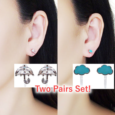 Crystal Umbrella and Green Could Invisible Clip On Stud Earrings ( 2 Piars Set)