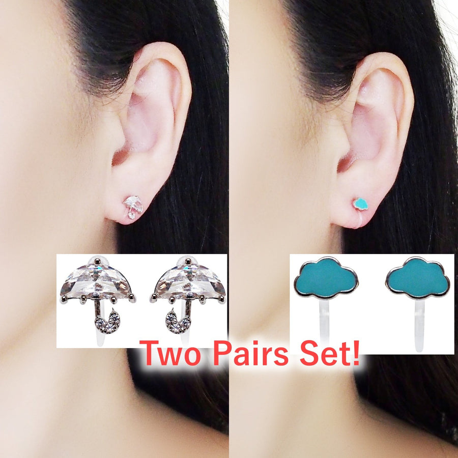 Crystal Umbrella and Green Could Invisible Clip On Stud Earrings ( 2 Piars Set)