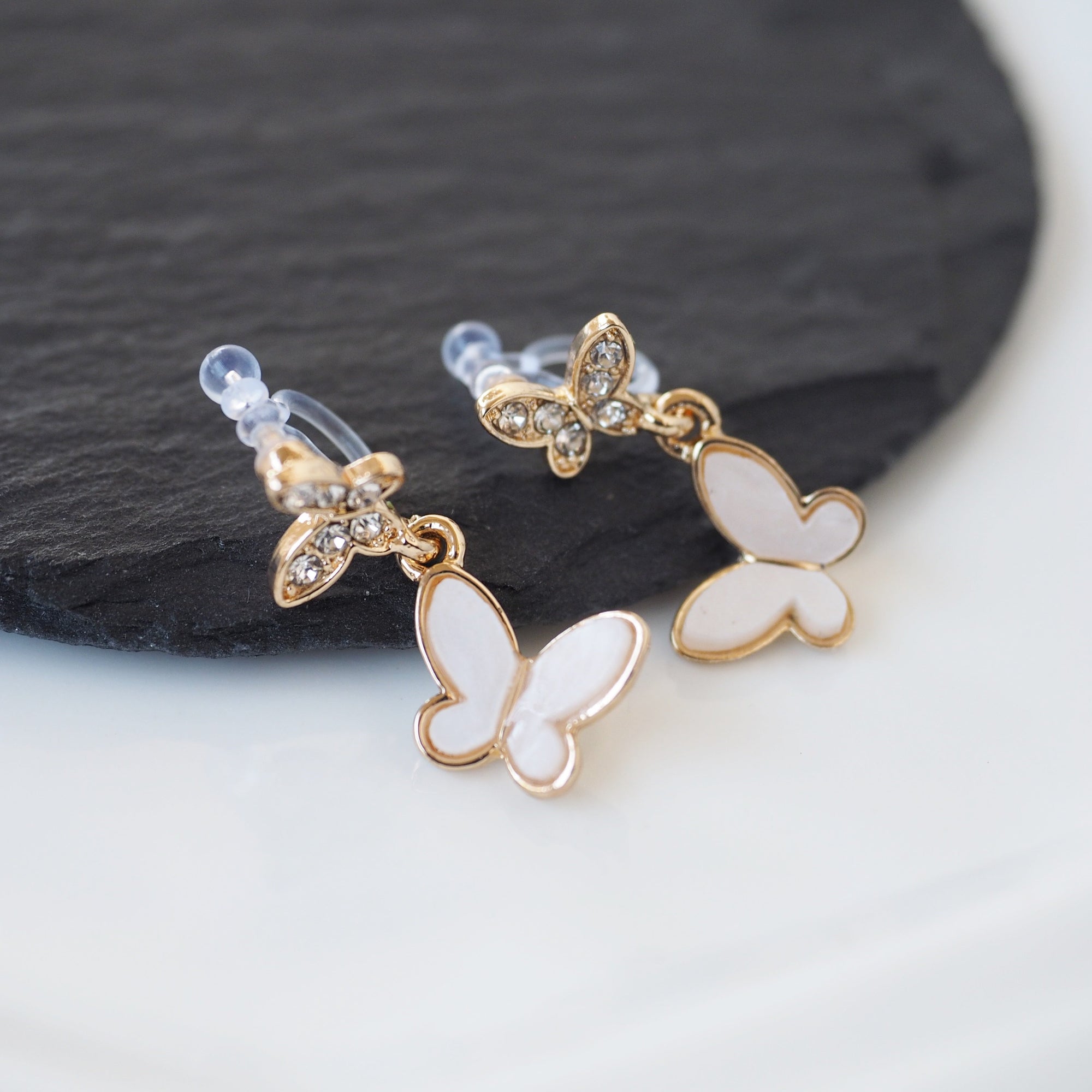 Dangle White & Crystal Butterfly Invisible Clip On Earrings