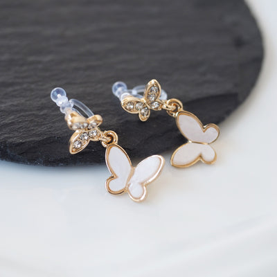 Dangle White & Crystal Butterfly Invisible Clip On Earrings