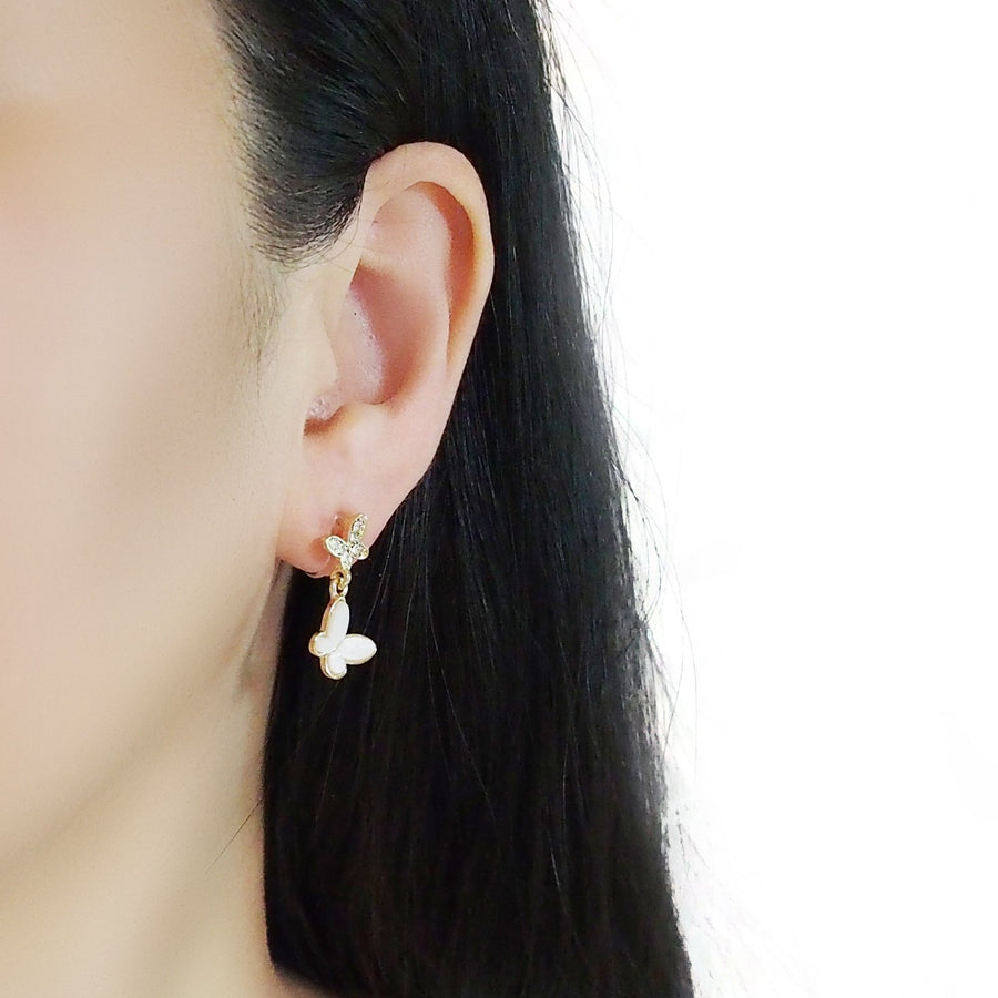 Dangle White & Crystal Butterfly Invisible Clip On Earrings