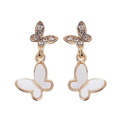 Dangle White & Crystal Butterfly Invisible Clip On Earrings