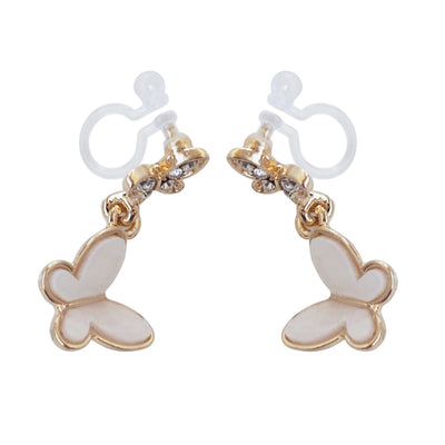 Dangle White & Crystal Butterfly Invisible Clip On Earrings