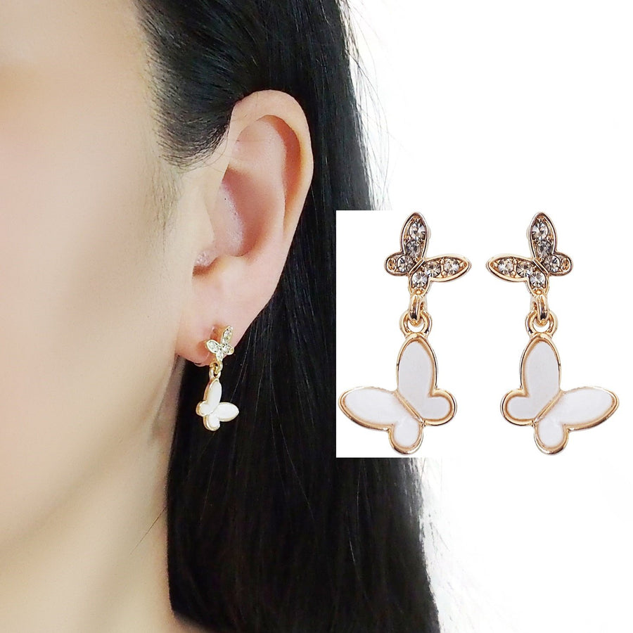 Dangle White & Crystal Butterfly Invisible Clip On Earrings