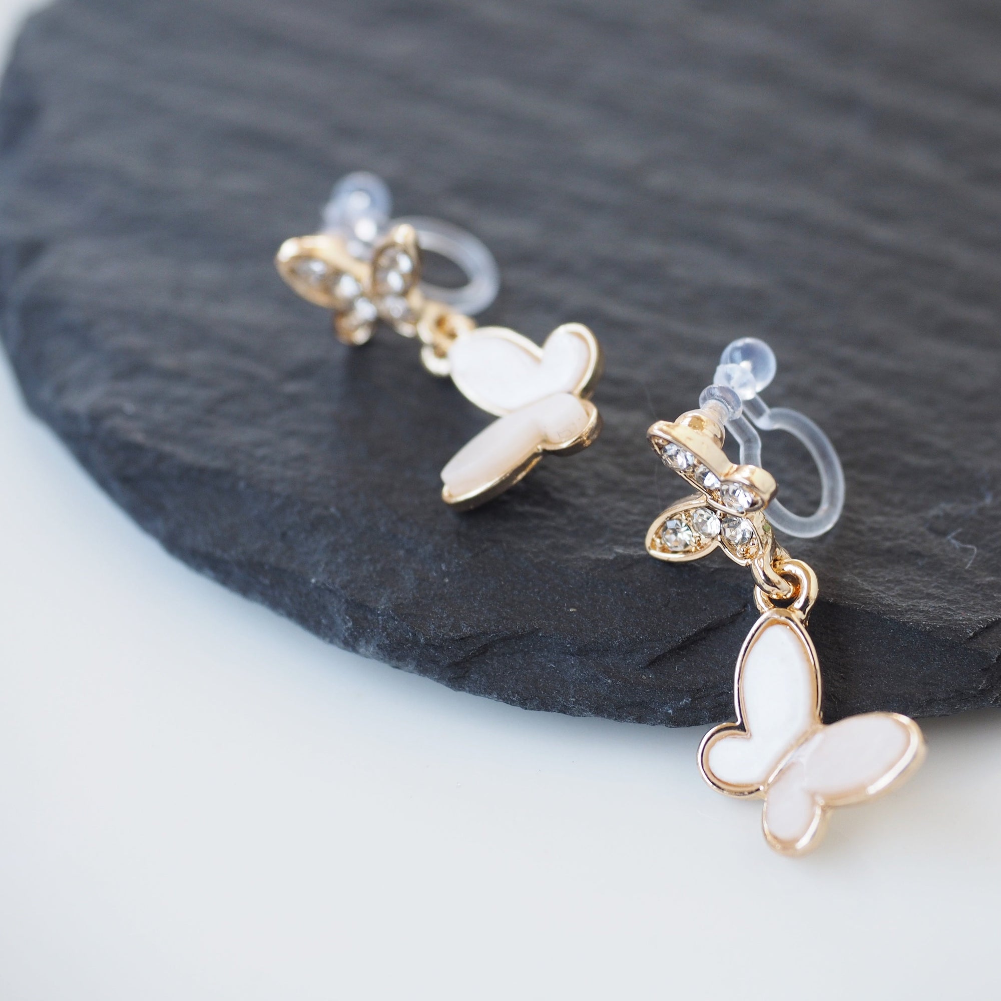 Dangle White & Crystal Butterfly Invisible Clip On Earrings