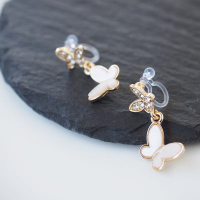 Dangle White & Crystal Butterfly Invisible Clip On Earrings