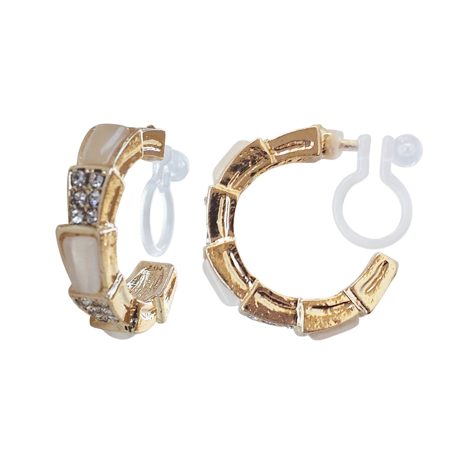 White Crystal & Pave Hoop Invisible Clip On Earrings