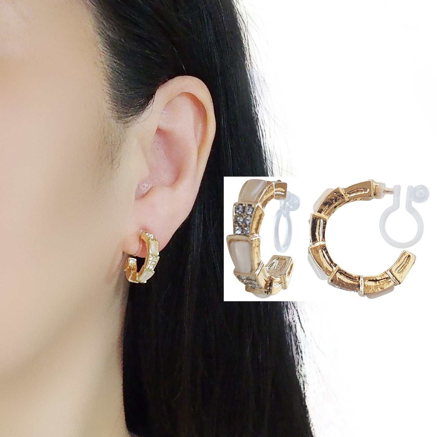 White Crystal & Pave Hoop Invisible Clip On Earrings