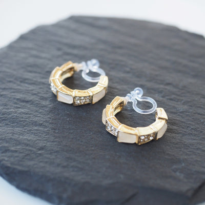 White Crystal & Pave Hoop Invisible Clip On Earrings