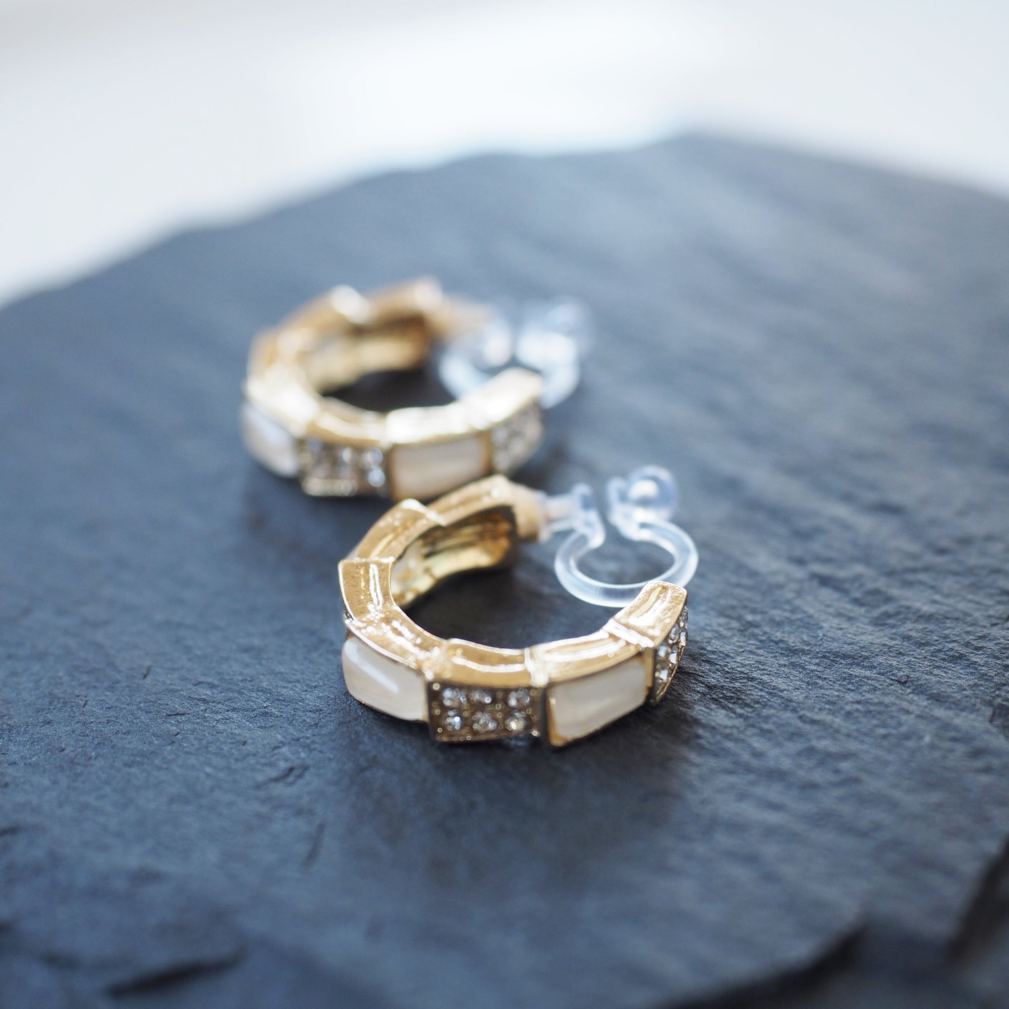 White Crystal & Pave Hoop Invisible Clip On Earrings