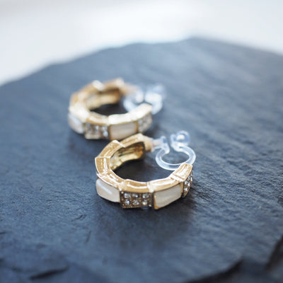 White Crystal & Pave Hoop Invisible Clip On Earrings