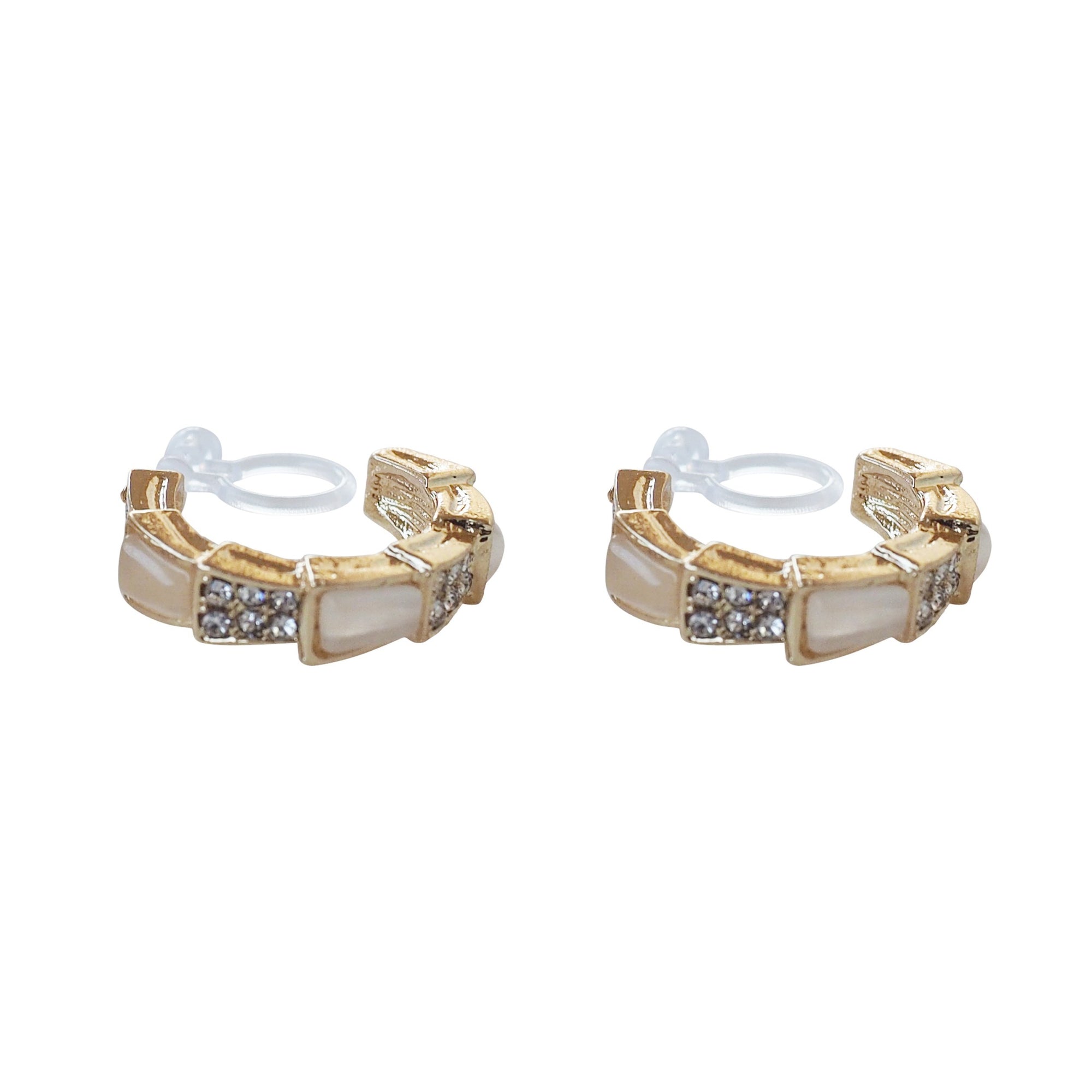 White Crystal & Pave Hoop Invisible Clip On Earrings