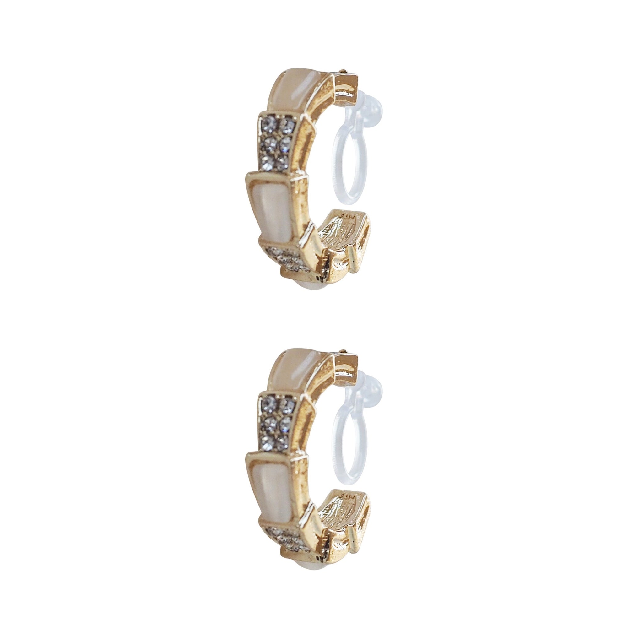 White Crystal & Pave Hoop Invisible Clip On Earrings