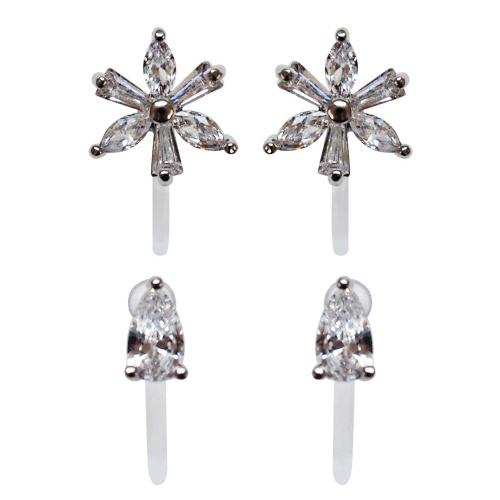 Crystal Flower and Teardrop Invisible Clip On Stud Earrings ( 2 Piars Set)