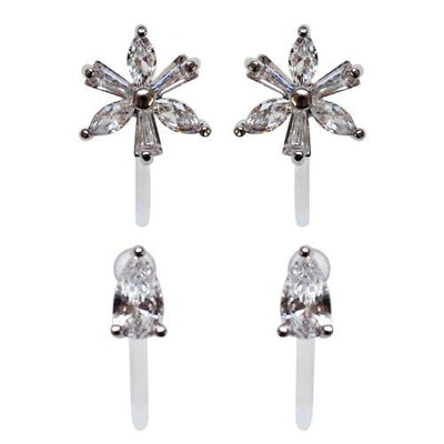 Crystal Flower and Teardrop Invisible Clip On Stud Earrings ( 2 Piars Set)