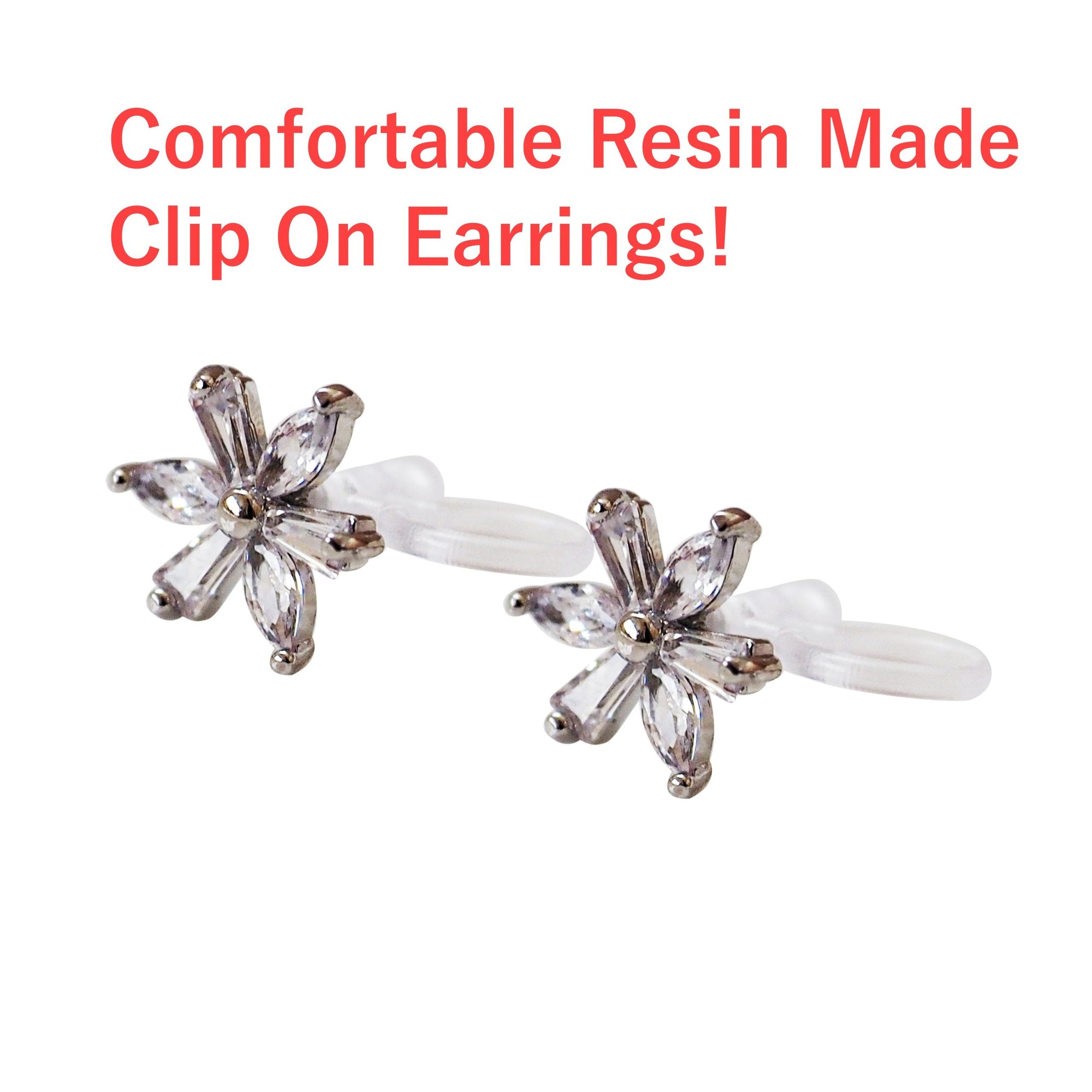 Crystal Flower and Teardrop Invisible Clip On Stud Earrings ( 2 Piars Set)