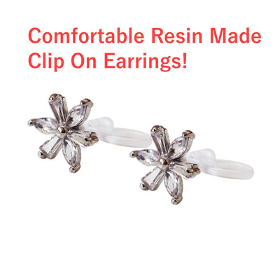 Crystal Flower and Teardrop Invisible Clip On Stud Earrings ( 2 Piars Set)