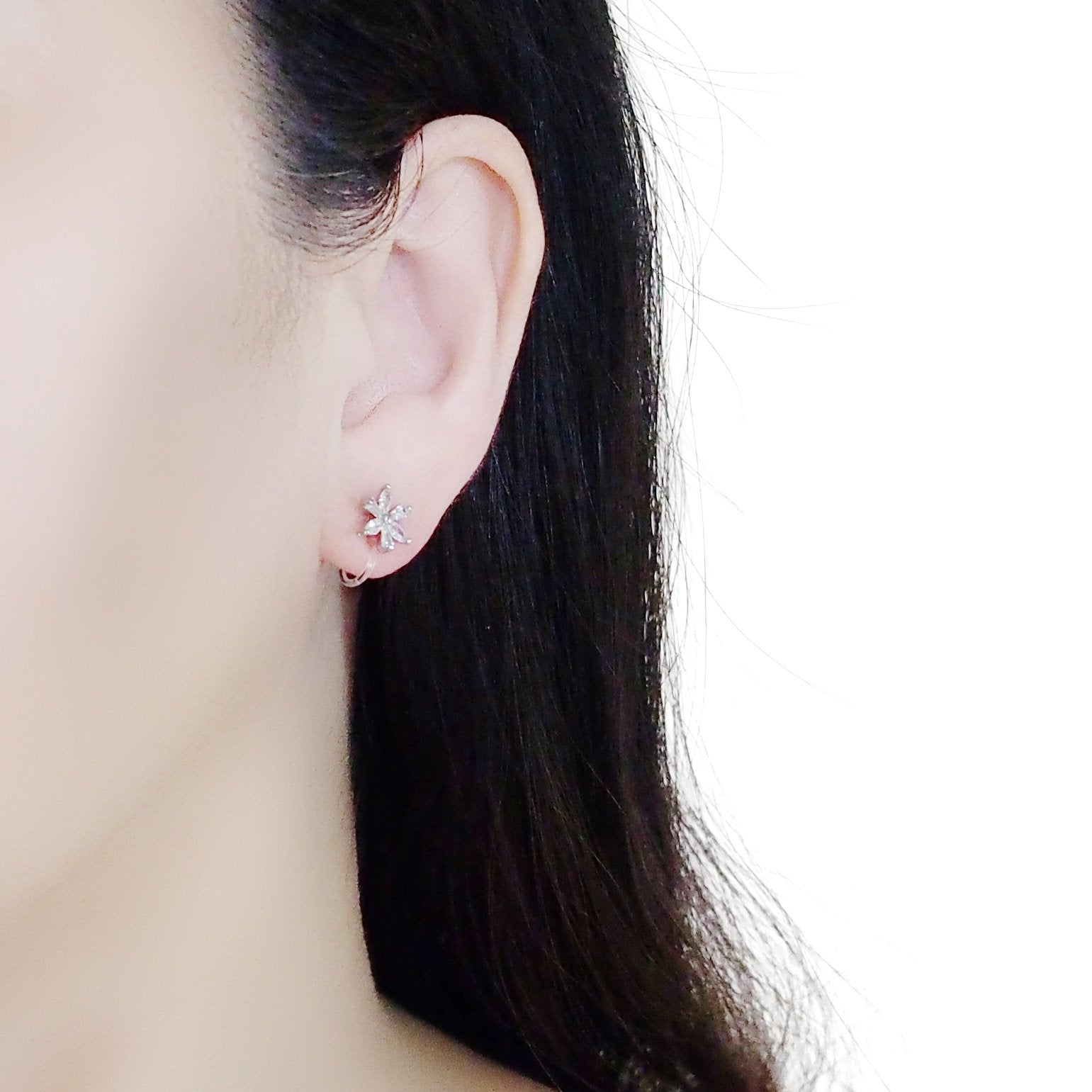 Crystal Flower and Teardrop Invisible Clip On Stud Earrings ( 2 Piars Set)