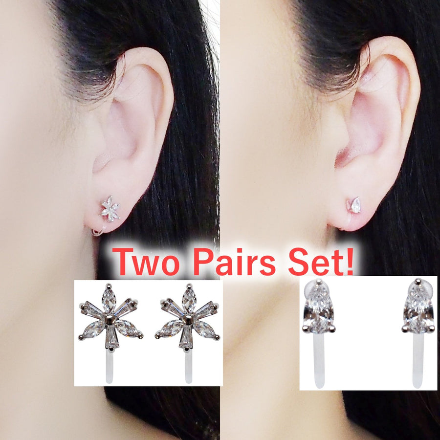 Crystal Flower and Teardrop Invisible Clip On Stud Earrings ( 2 Piars Set)