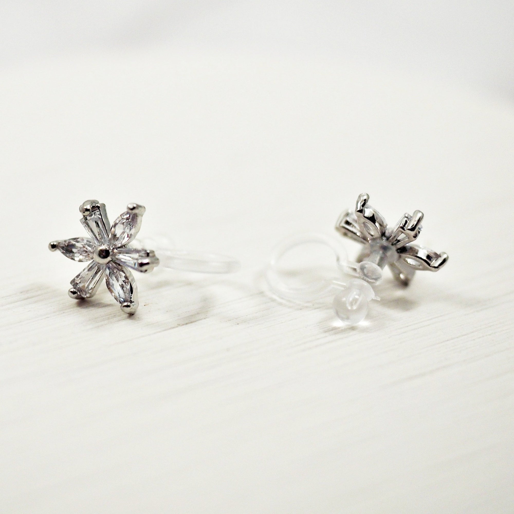 Crystal Flower and Teardrop Invisible Clip On Stud Earrings ( 2 Piars Set)