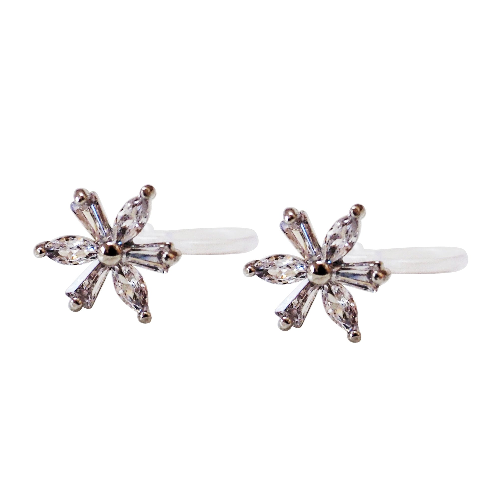 Crystal Flower and Teardrop Invisible Clip On Stud Earrings ( 2 Piars Set)