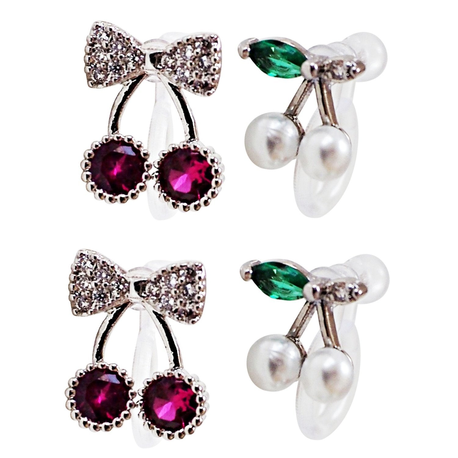 Pink Ribbon and White Pearl Cherry Invisible Clip On Stud Earrings ( 2 Piars Set)