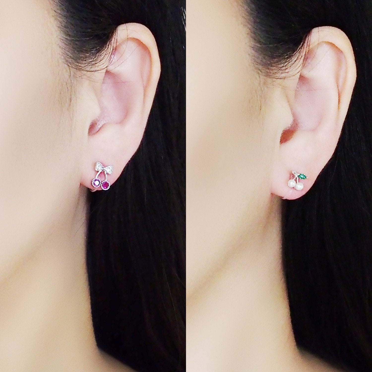 Pink Ribbon and White Pearl Cherry Invisible Clip On Stud Earrings ( 2 Piars Set)