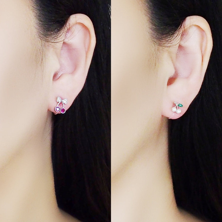 Pink Ribbon and White Pearl Cherry Invisible Clip On Stud Earrings ( 2 Piars Set)