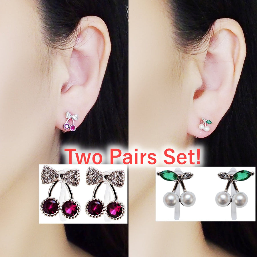 Pink Ribbon and White Pearl Cherry Invisible Clip On Stud Earrings ( 2 Piars Set)
