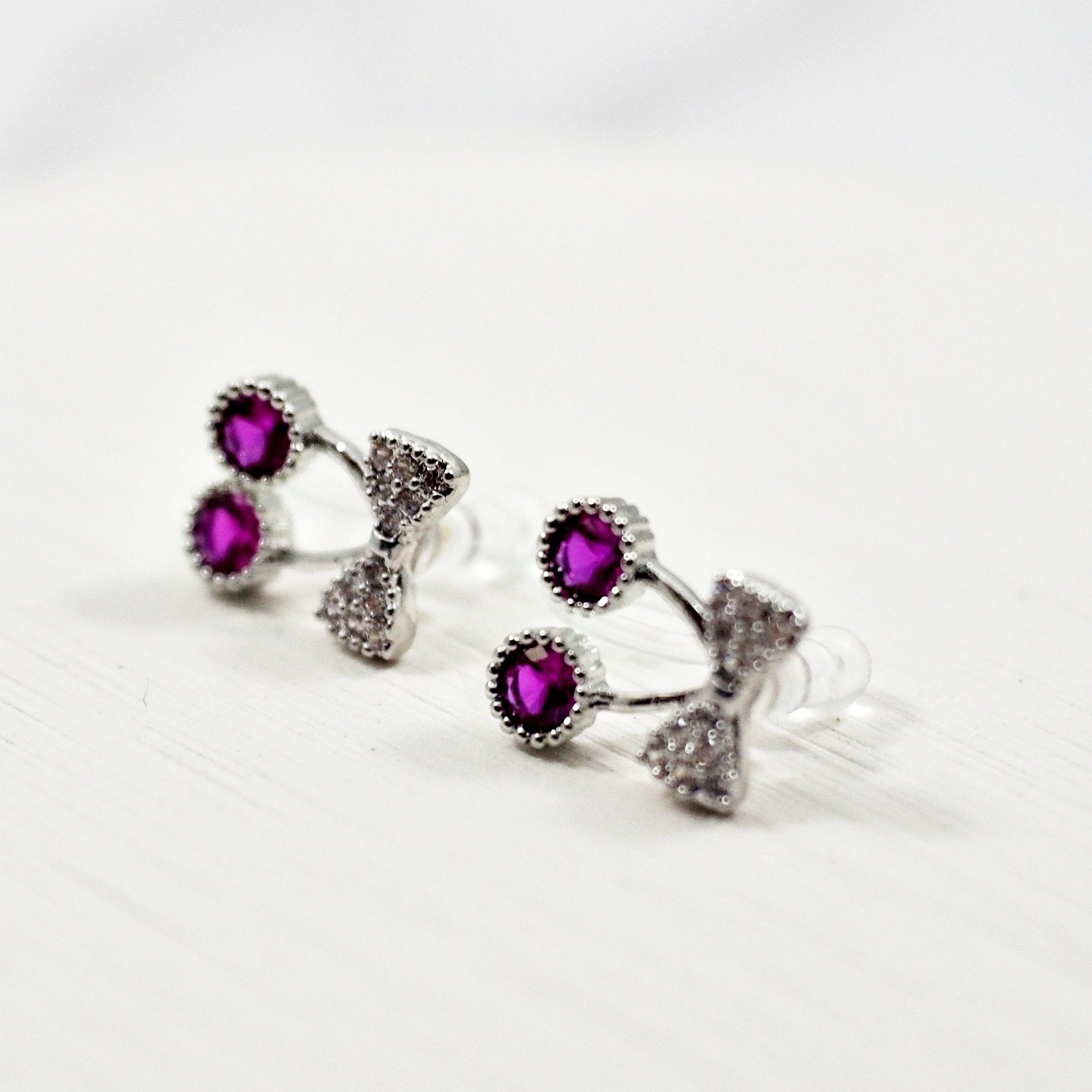 Pink Ribbon and White Pearl Cherry Invisible Clip On Stud Earrings ( 2 Piars Set)