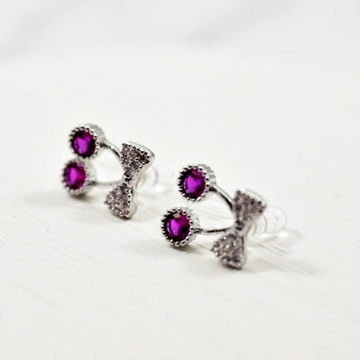 Pink Ribbon and White Pearl Cherry Invisible Clip On Stud Earrings ( 2 Piars Set)