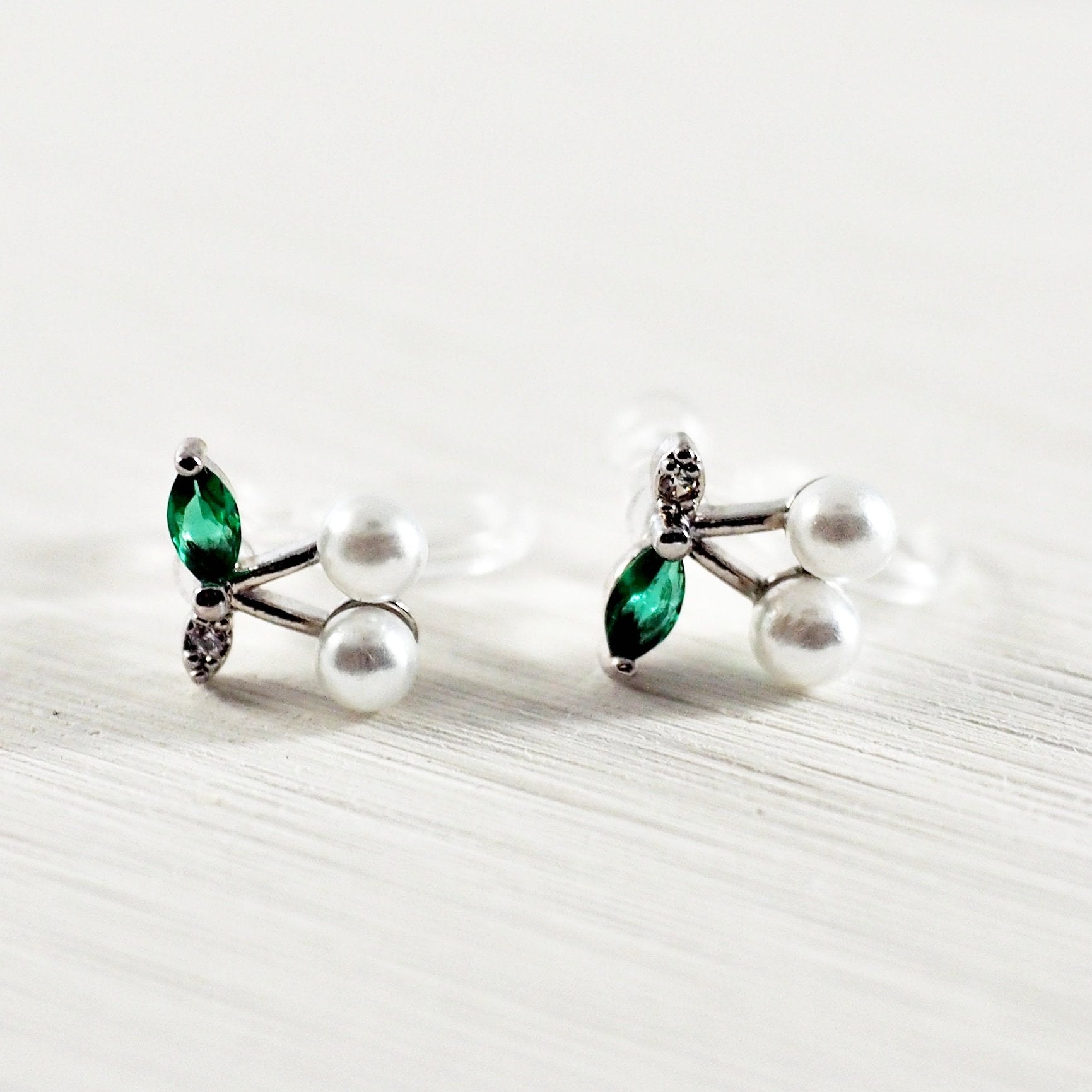 Pink Ribbon and White Pearl Cherry Invisible Clip On Stud Earrings ( 2 Piars Set)