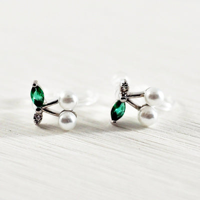 Pink Ribbon and White Pearl Cherry Invisible Clip On Stud Earrings ( 2 Piars Set)