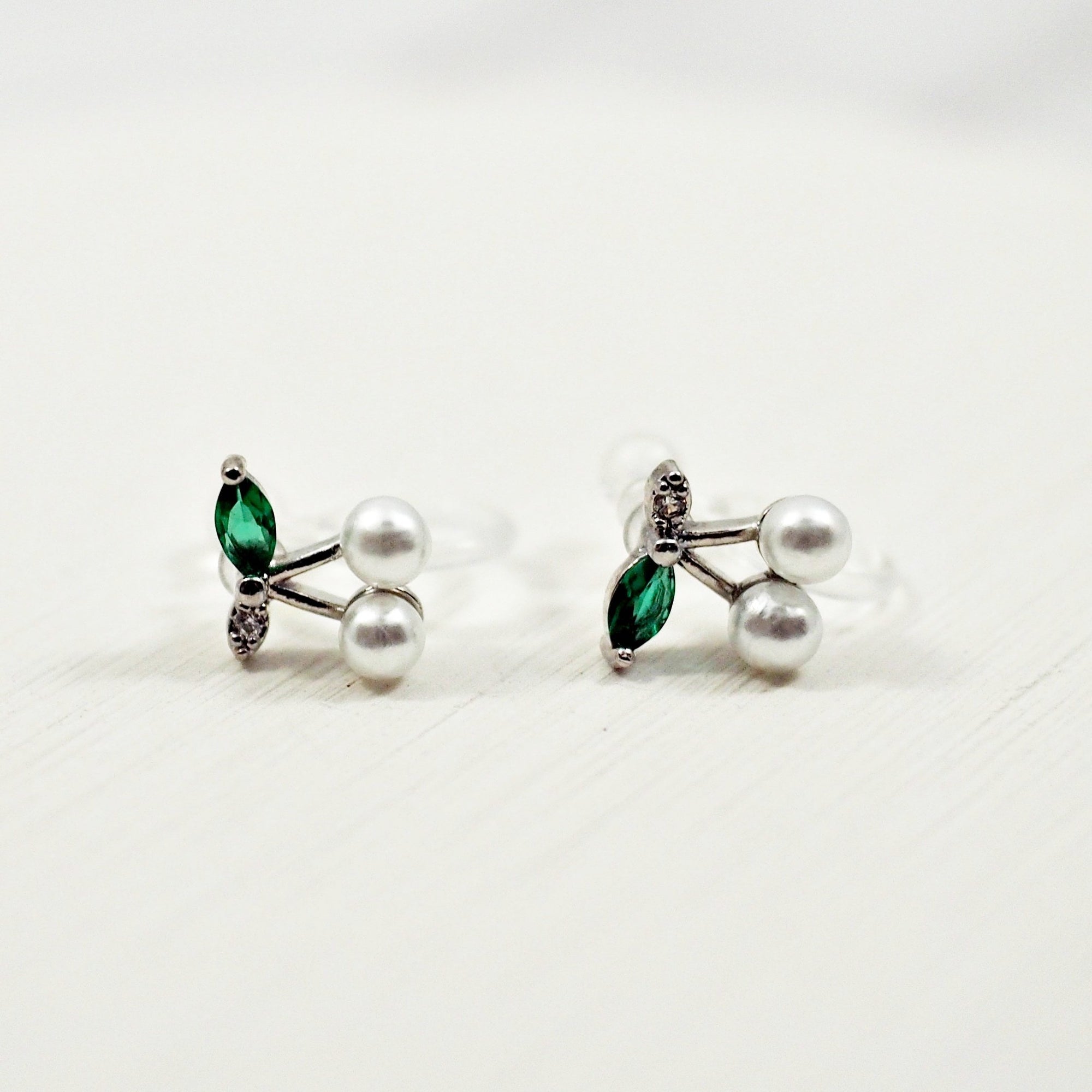 Pink Ribbon and White Pearl Cherry Invisible Clip On Stud Earrings ( 2 Piars Set)