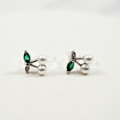 Pink Ribbon and White Pearl Cherry Invisible Clip On Stud Earrings ( 2 Piars Set)