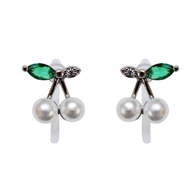 Pink Ribbon and White Pearl Cherry Invisible Clip On Stud Earrings ( 2 Piars Set)