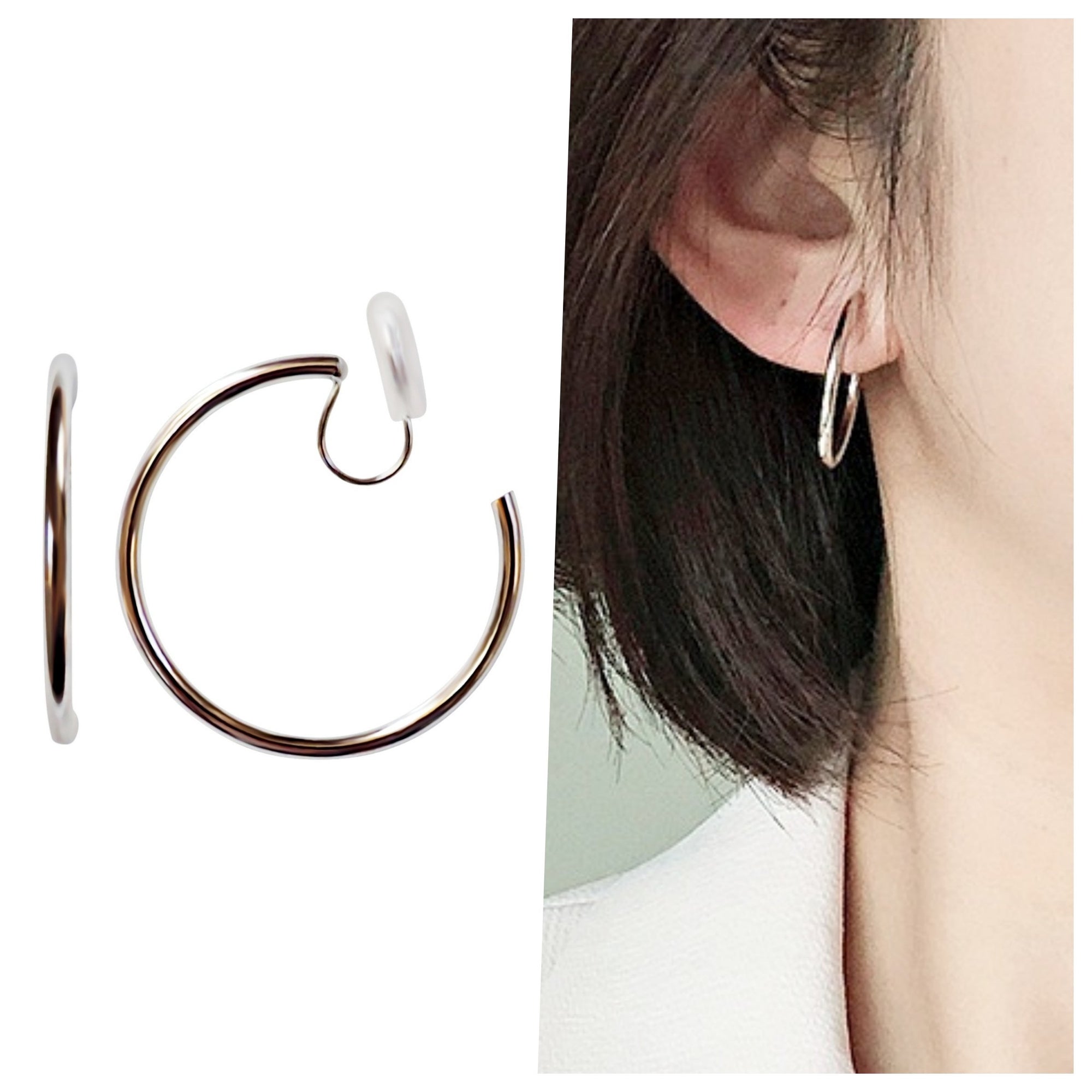 Silver 30mm Hoop Clip Angle Adjustable Spiral Clip On Earrings