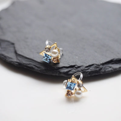 Light Blue Swarovski Crystal & White Pearl Invisible Clip On Stud Earrings