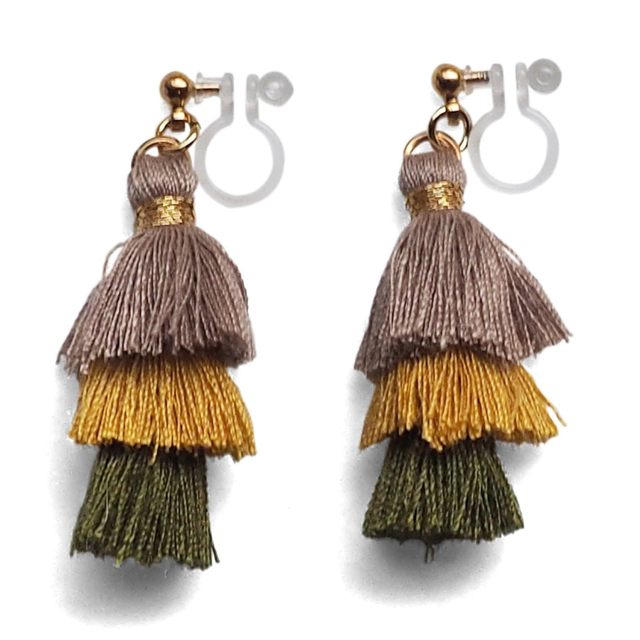 Three Layered Ombre Stacked Beige Yellow Green Tiered Tassel Invisible Clip On Earrings - miyabigracejewelry.com