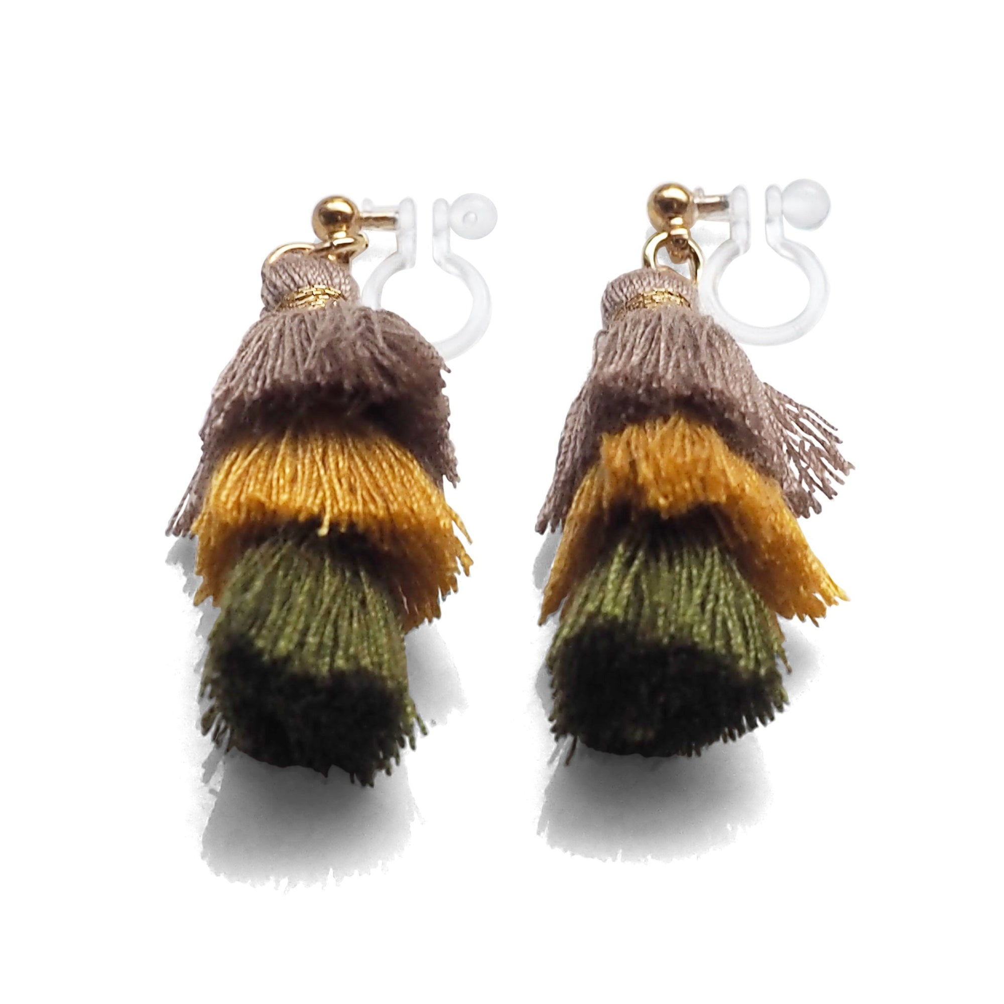 Three Layered Ombre Stacked Beige Yellow Green Tiered Tassel Invisible Clip On Earrings - miyabigracejewelry.com