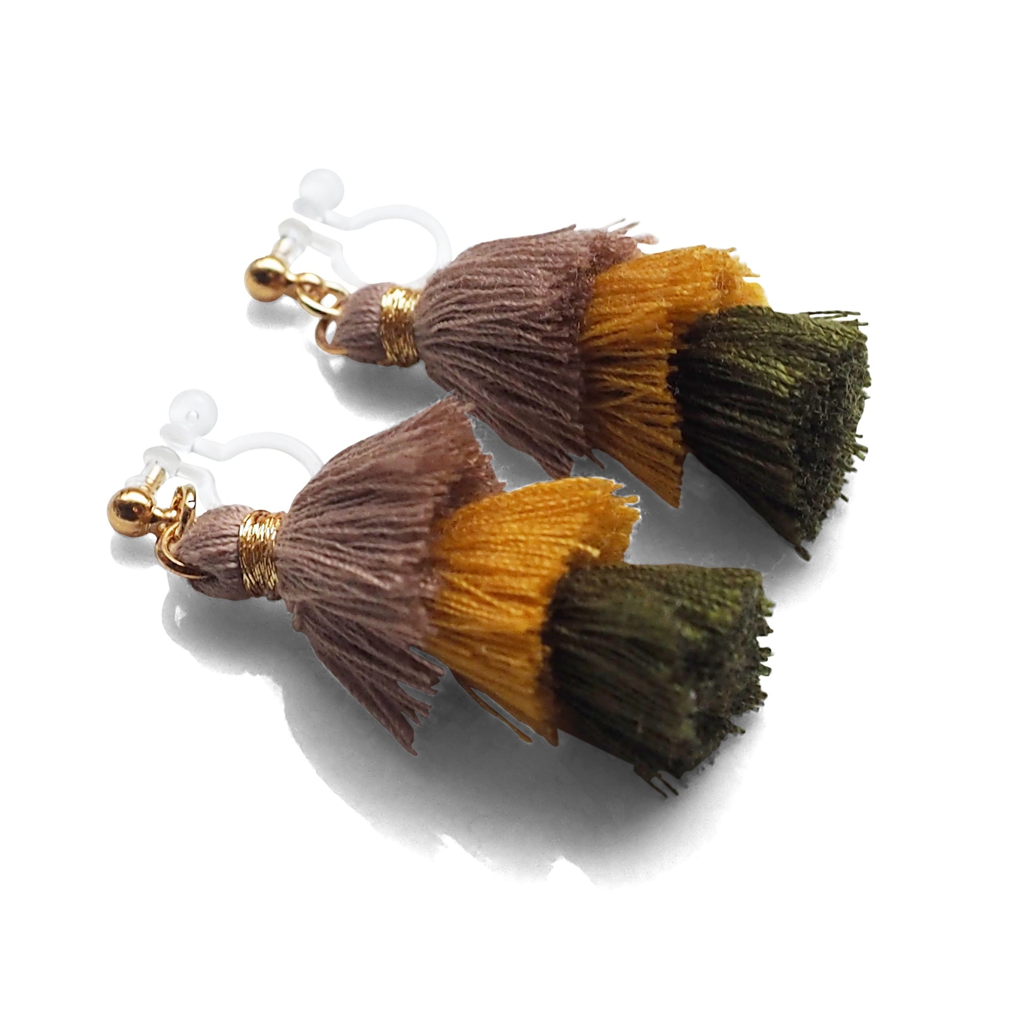 Three Layered Ombre Stacked Beige Yellow Green Tiered Tassel Invisible Clip On Earrings - miyabigracejewelry.com