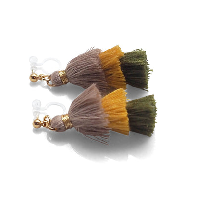 Three Layered Ombre Stacked Beige Yellow Green Tiered Tassel Invisible Clip On Earrings - miyabigracejewelry.com
