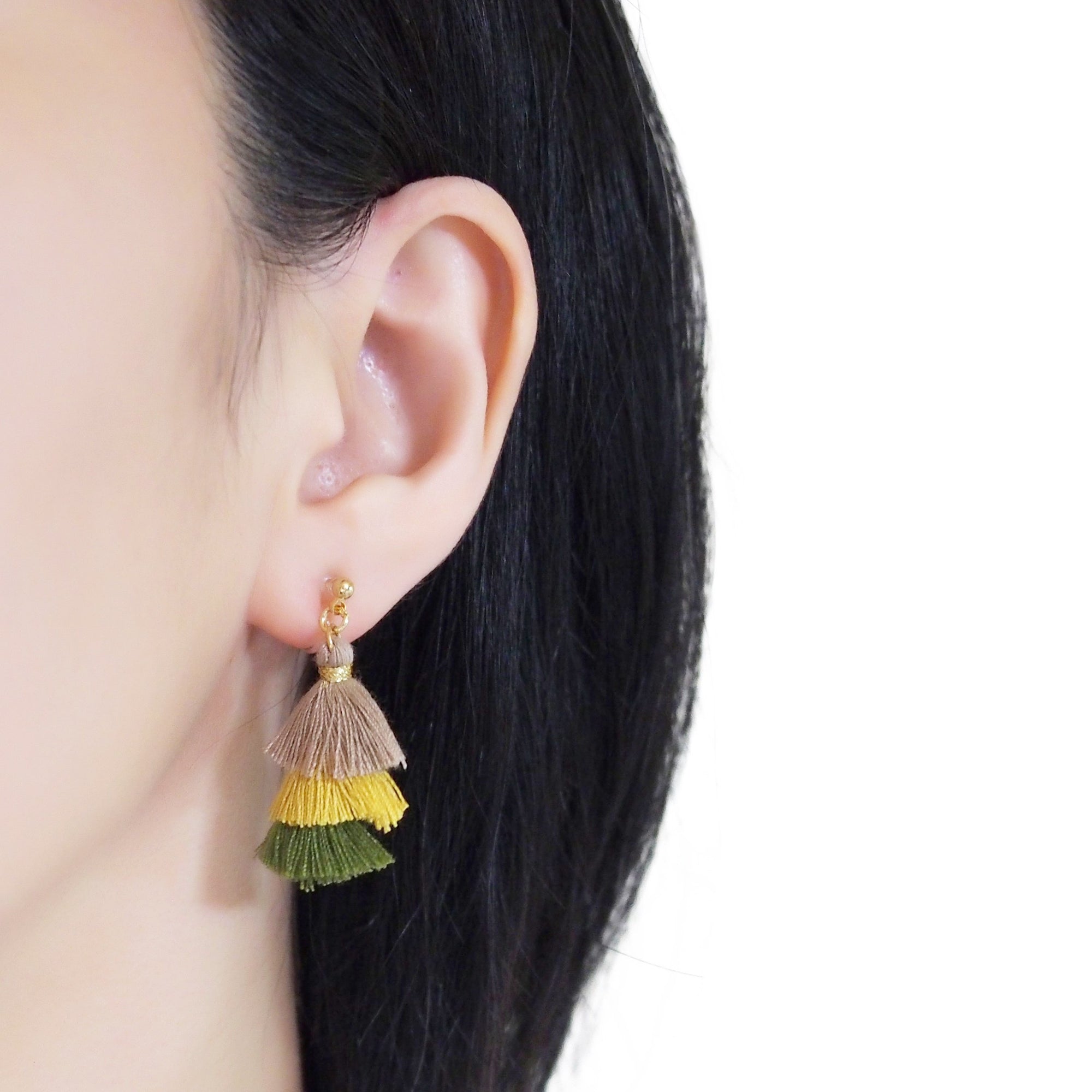 Three Layered Ombre Stacked Beige Yellow Green Tiered Tassel Invisible Clip On Earrings - miyabigracejewelry.com
