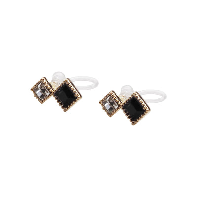 Square Black & Clear Swarovski Crystal Invisible Clip On Stud Earrings - Miyabi Grace