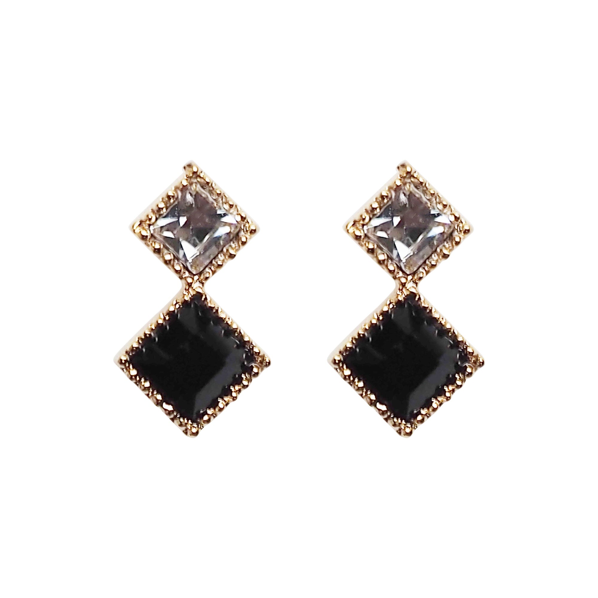 Square Black & Clear Swarovski Crystal Invisible Clip On Stud Earrings - Miyabi Grace