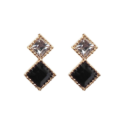 Square Black & Clear Swarovski Crystal Invisible Clip On Stud Earrings - Miyabi Grace