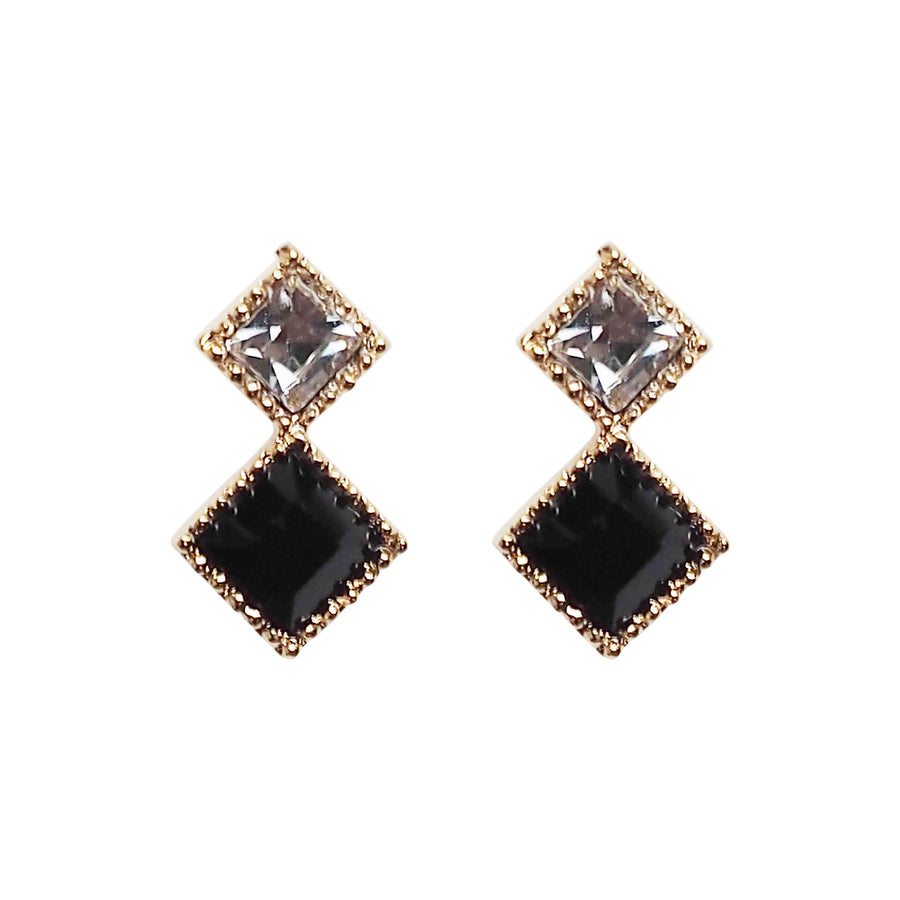 Square Black & Clear Swarovski Crystal Invisible Clip On Stud Earrings - Miyabi Grace
